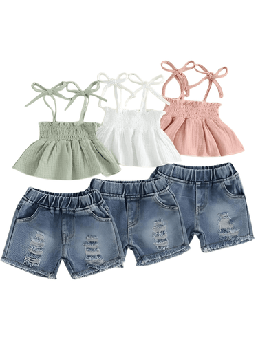 Girl's Tie-up Pleated Camisole with Ripped Denim Shorts Summer 2-Piece Outfit 2-5T -, Baby & Toddler Outfits , Drestiny , 18M, 2T, 3T, 4T, 5T, Australia, Canada, Casual Shirts, Crop Tops, Girls, Green, New Zealand, Pink, Sets, Short Sets, Shorts, Sleeveless, TD, United Kingdom, United States, White , Drestiny , www.shopdrestiny.com